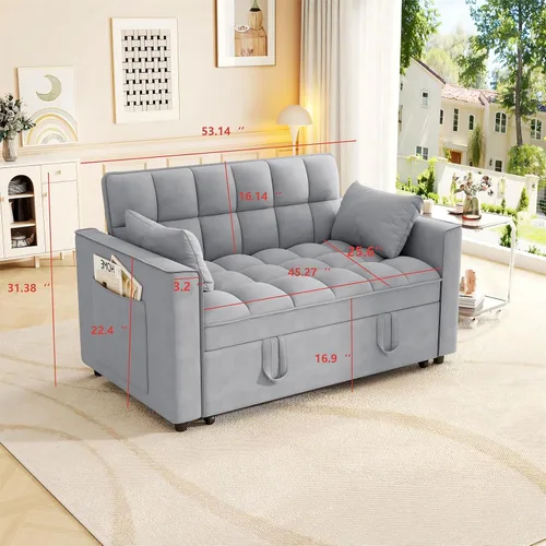 Vista 2 de Aoowow Sofá cama convertible 3 en 1, sofá cama extraíble con respaldo ajustable, sofá biplaza pequeño de terciopelo con bolsillos de almacenamiento