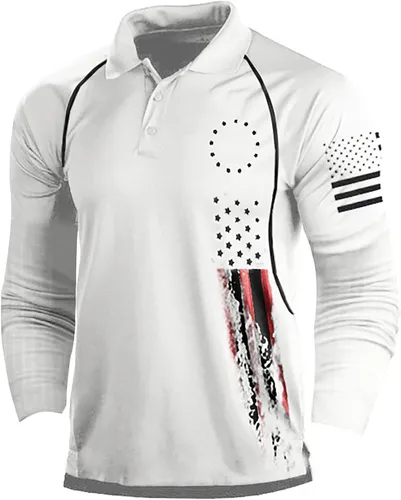 Vista 3 de Camisa polo de manga larga con bandera estadounidense para hombre, cuello gráfico patriótico, camiseta de golf, moderna, casual, cuello en V, tops