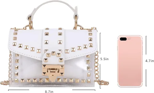 Vista 2 de Bolso de mano para mujer, de piel sintética, con asa superior, transparente, con remaches de cristal, bolsa de mano