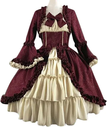 Vista 2 de uojfnhb Women's Halloween Gothic Lolita Dresses Medieval Retro Costume Square Neck Splicing Bow Tie Flare Long Sleeve Dress