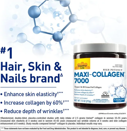 Vista 2 de Country Life Maxi-Collagen 7000 Powder - Péptidos de colágeno bioactivos Verisol, vitamina C, A y biotina, 4,500 mg de colágeno alimentado con pasto