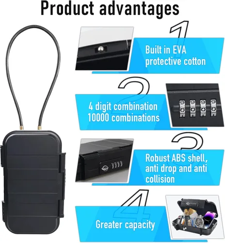 Vista 4 de Caja de seguridad portátil, combinación segura con cable extraíble, establece tu propia combinación, para viajes, actividades familiares y de Negro