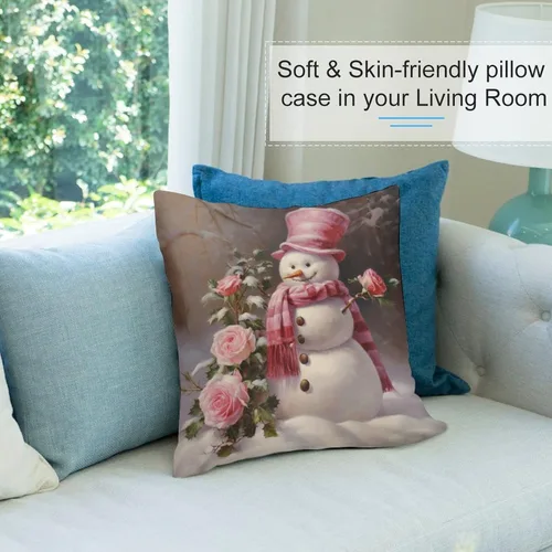 Vista 8 de Funda de cojín de muñeco de nieve con rosas rosadas, bufanda y sombrero, funda de almohada para cama, decoración moderna para sofá, dormitorio, sala