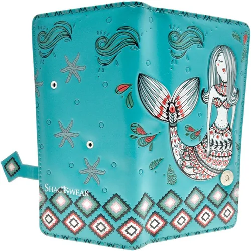 Vista 2 de Shag Wear Cartera grande de cuero vegano de jardín de sirena para mujer, 7 pulgadas, color verde azulado, verde azulado, Cartera con cremallera