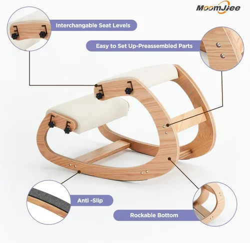 Vista 5 de Silla ergonómica, mecedora ajustable para oficina en casa, silla de rodilla de madera para aliviar el dolor de espalda, color beige