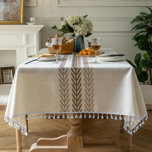 Vista 11 de Oubonun Mantel cuadrado de lino de algodón, resistente a las arrugas y al agua, lavable a máquina con borlas para cocina y comedor, 55 x 55