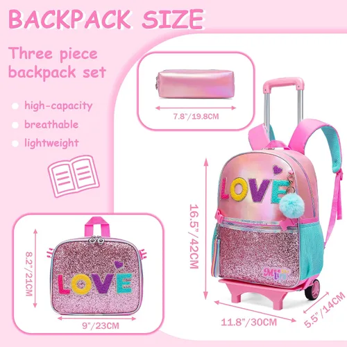 Vista 9 de Mochila con ruedas para niñas, mochila escolar con ruedas, bolsa escolar con bolsa de almuerzo y bolsa para lápices, mochila con ruedas para niños