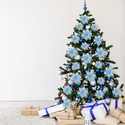 Vista 5 de Geosar 24 piezas de flores de Pascua con purpurina para Año Nuevo, flores artificiales en capas, adornos para árbol de boda y Año Nuevo, 3/4/6 Azul