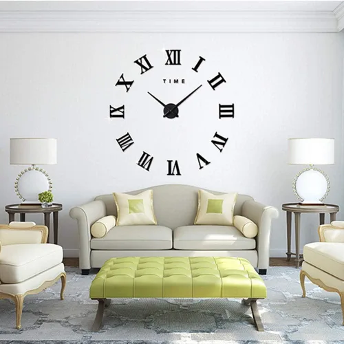 Vista 2 de Reloj de pared con espejo sin marco, calcomanías 3D de números romanos grandes, calcomanías autoadhesivas y silenciosas, calcomanías de pared