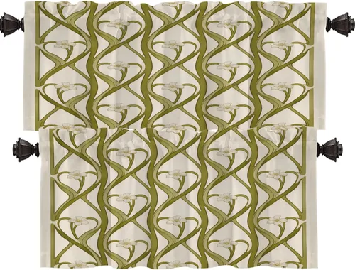 Vista 38 de Shrahala Art Nouveau Floral Pattern Blackout Curtain Tiers, Delicate Vine and Flower Design Kitchen Valance Light Blocking Tier Drapes with Rod