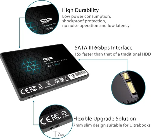 Vista 6 de Silicon Power 512GB SSD 3D NAND A55 SLC Cache Performance Boost SATA III 2.5" 7mm (0.28") SSD Unidad interna de estado sólido (SU512GBSS3A55S25EC)