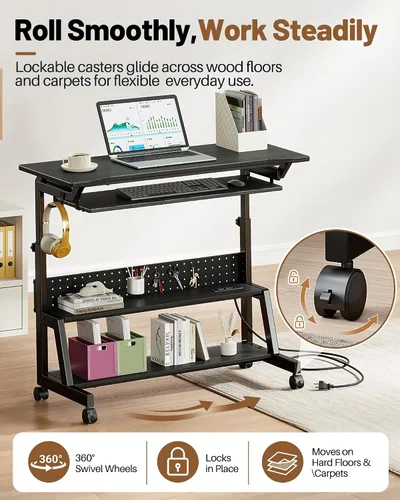 Vista 7 de Rolling Computer Desk with Power Outlet, Portable Desk with Keyboard Tray Black