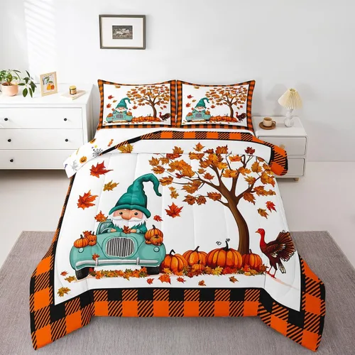Vista 10 de Juego de edredón de calabaza de otoño, tamaño individual, juego de ropa de cama de hojas de arce para niños y niñas, cosecha de otoño, fruta