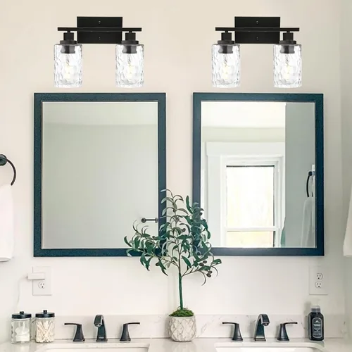 Vista 2 de MELUCEE Iluminación de pared interior 2 luces mate negra con vidrio martillado transparente, lámpara de pared moderna para tocador de baño