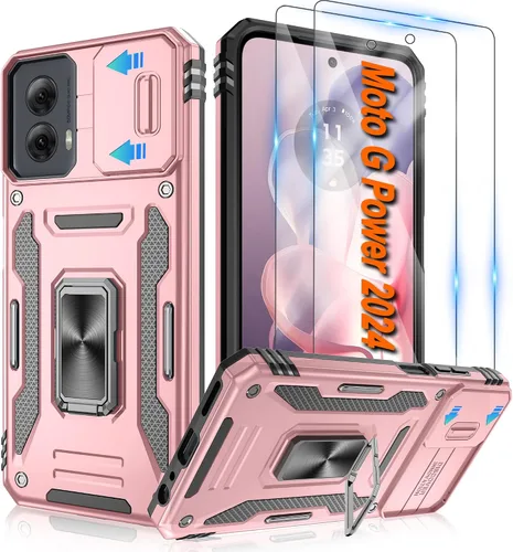 Vista 56 de Atump Funda para Motorola Moto G Play 2024 (4G) con [paquete de 2] protector de pantalla HD y cubierta para cámara deslizante, soporte de anillo