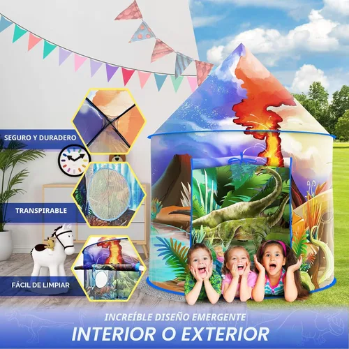 Vista 6 de Tienda de campaña de dinosaurio para niños, tienda de campaña de aventura desplegable para juegos en interiores y exteriores