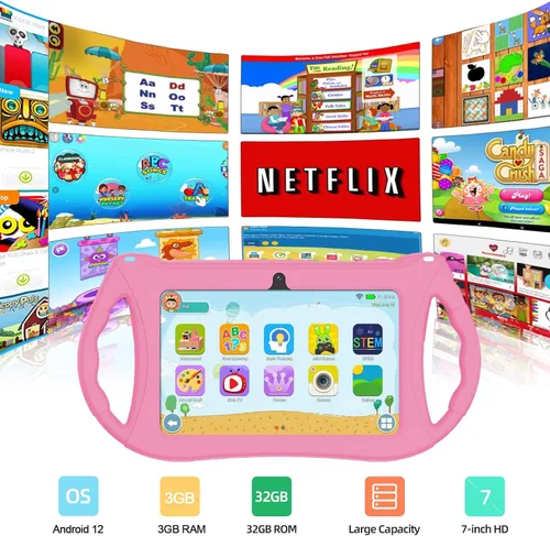 Vista 2 de Tableta para niños, tableta Android 12 de 7 pulgadas para niños, 3 GB de RAM, 32 GB de ROM con Bluetooth, WiFi, GMS, control parental, cámara dual