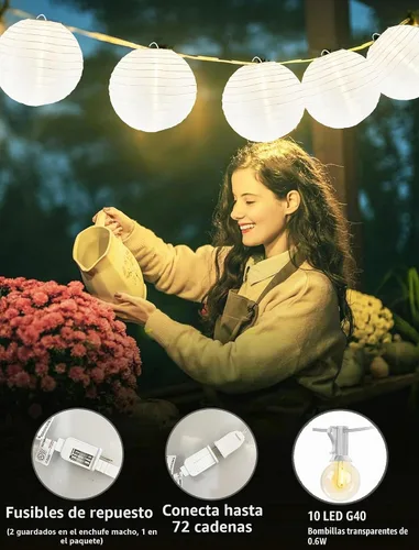Vista 8 de Guirnalda de luces para exteriores, 27.5 pies, tira de luces blancas enchufables con 10 linternas de nailon y bombillas LED G40, cadenas de luces