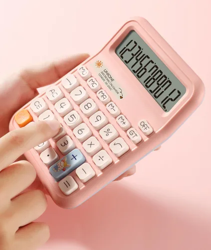Vista 5 de UNIONE Calculadora Panda con LCD brillante, escritorio portátil de doble alimentación. Color. Negocios, oficina, escuela secundaria... (beige)