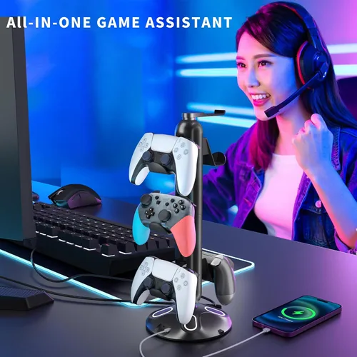 Vista 6 de Gaming RGB Headphone Stand, Controller Holder with 9 Light Modes and 2 USB Charging Ports and 3.5mm & Type-C - Controller Stand Hanger Accessories