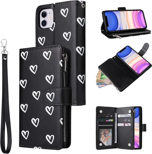 Vista 19 de UEEBAI Funda tipo cartera para iPhone 12/iPhone 12 Pro, funda de cuero PU con cierre magnético Bolso con cremallera Estuche de bolsillo con Negro