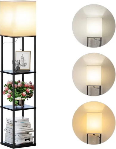 Vista 11 de SUNMORY Lámpara de pie de 5 niveles con estantes, moderna lámpara de pie cuadrada con bombilla de temperatura de 3 colores, lámpara de estantería