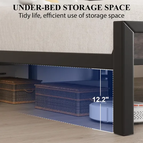 Vista 55 de LOEWAY Base de cama tamaño Queen con cabecero de almacenamiento y luces LED, color gris