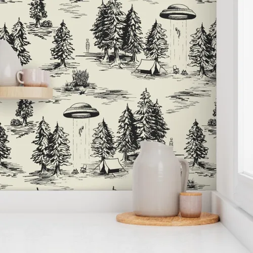Vista 8 de Spoonflower Papel Tapiz Despegar y Pegar Muestra - OVNI Grande Negro Toile De Jouy Abducción Alienígena Espacio Acampada Papel Tapiz Removible