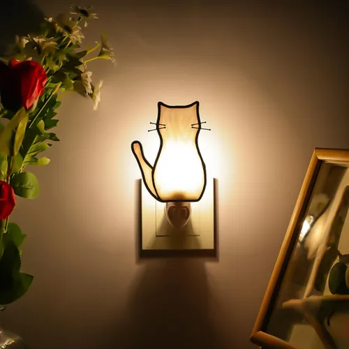 Vista 6 de BOXCASA Luz Nocturna de Gato Blanco, Lámpara de Vidrio Emplomado, Luz Nocturna Enchufable Amarilla Cálida para Sala de Estar, Dormitorio, Pasillo
