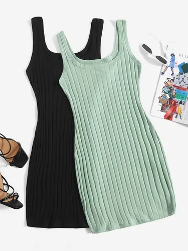 Vista 5 de SHENHE Vestido básico de 2 piezas para mujer, sin mangas, acanalado, con cuello redondo, mini vestido ajustado
