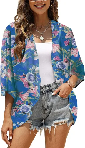 Vista 2 de Chunoy Cárdigan tipo kimono de gasa floral para mujer, blusa informal holgada