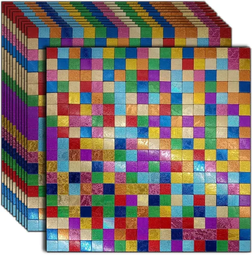 Vista 7 de XUANINY Azulejos contra salpicaduras para despegar y pegar, con superficie de aluminio triangular arcoíris, calcomanía de mosaico de metal