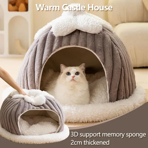 Vista 3 de Cama tipo cueva para gatos, bonita casa de gato de dibujos animados, tienda de campaña pequeña con almohada extraíble lavable, cama cálida para Verde
