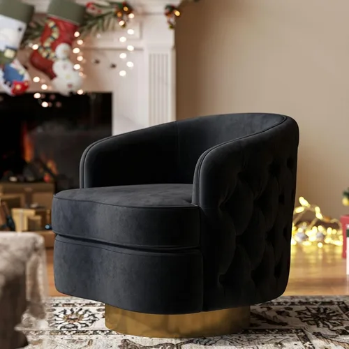 Vista 4 de Hyfirm Silla decorativa moderna negra, sillón giratorio de barril para sala de estar, sillas cómodas de terciopelo con botones, asiento de sofá