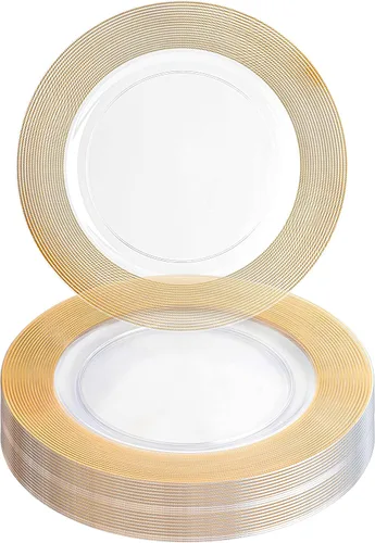Vista 31 de PARTY BARGAINS Placas de carga de 13 pulgadas, paquete de 4, borde dorado transparente, cargadores desechables resistentes para comedor elegante Un