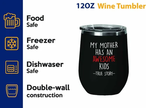 Vista 2 de Vaso de vino Mother Black Edition de 12 onzas – Daughter True Story – Family Squad Fam Thank You Gift Hermanos Padres Abuelos Divertido sobrino Madre