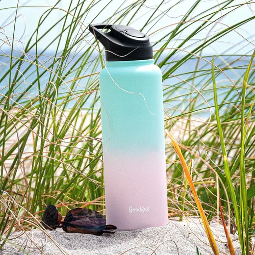 Vista 10 de Goodful Botella de agua de doble pared sellada al vacío, aislada con dos tapas intercambiables, tapas para beber o tragar, a prueba de fugas, boca
