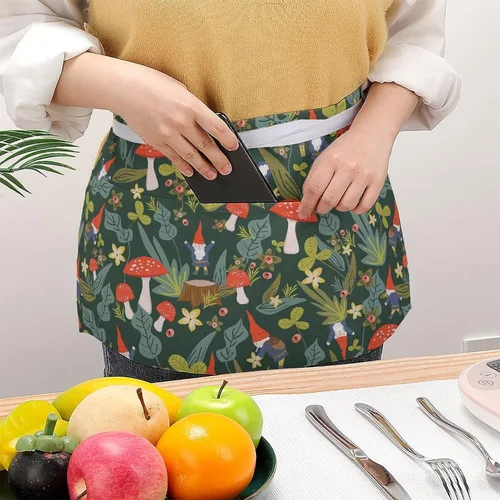 Vista 3 de Delantal de media cintura con patrón de hongos con 3 bolsillos para restaurante con correa larga, delantales a juego para mujeres y hombres