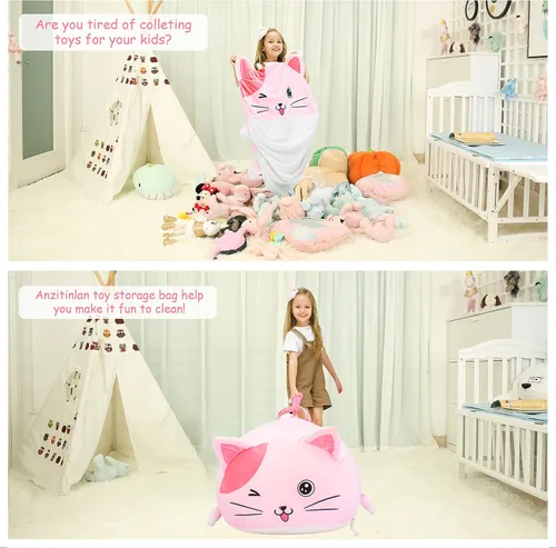 Vista 5 de Anzitinlan Lindo puf de gato para niños, puf de almacenamiento de animales de peluche rosa para decoración de habitación de niñas