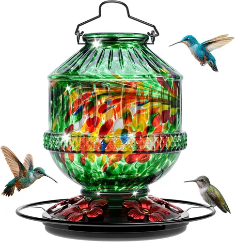Vista 11 de Comedero de colibrí de vidrio soplado a mano para exteriores, 25 onzas, alimentador de néctar de aves silvestres con perca y 5 puertos