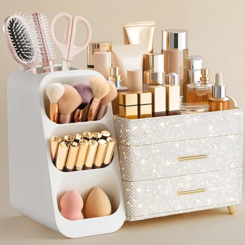 Vista 13 de HBlife Organizador de maquillaje con soporte para brochas para tocador, organizador grande de plástico para tocador de baño, almacenamiento