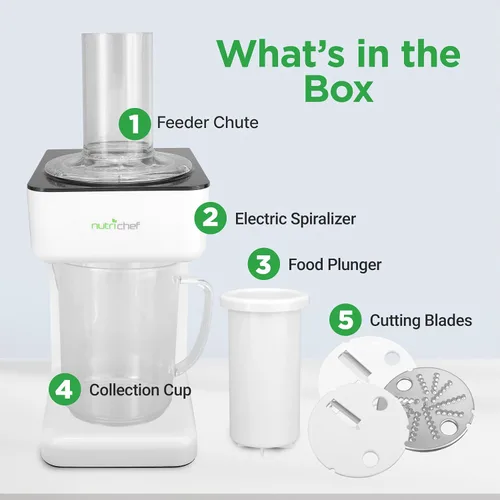 Vista 8 de NutriChef Picador eléctrico 3 en 1 de verduras, espiralizador y máquina de ensaladas, cortador de frutas, máquina trituradora en espiral, máquina