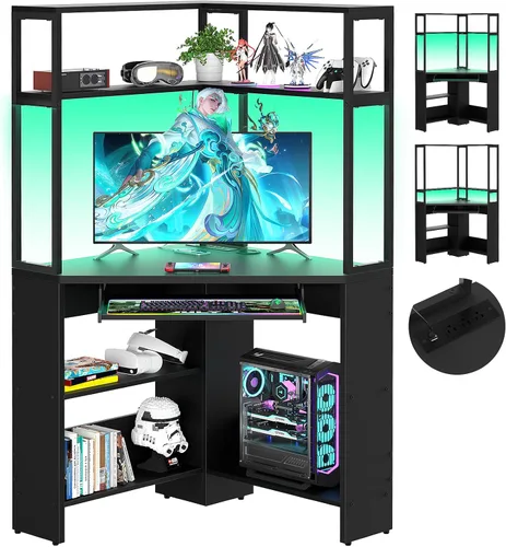 Vista 10 de Armocity Escritorio esquinero pequeño con tomas de corriente, mesa de esquina para espacio pequeño, escritorio de computadora con puertos USB