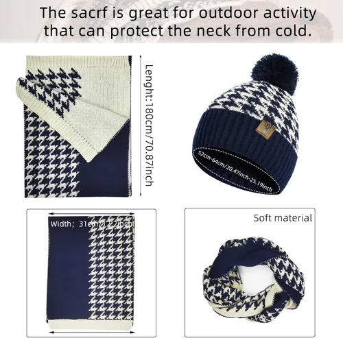 Vista 3 de Conjunto de gorro de invierno cálido para mujer, bufanda larga, guantes para pantalla táctil, clásico a cuadros, de punto calavera, bufandas
