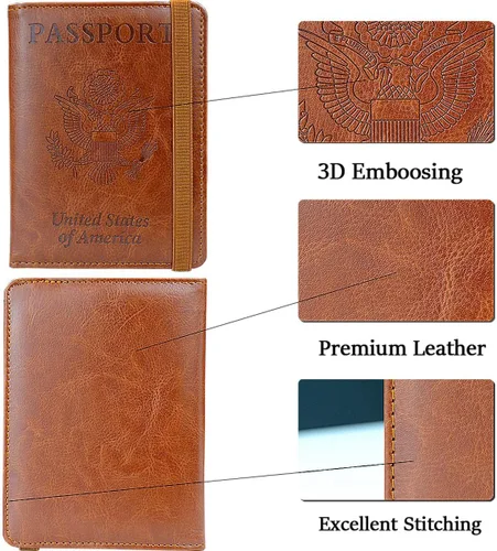 Vista 3 de Juego de tarjetero para pasaporte y vacuna, funda con protector transparente de ranura para tarjeta de vacunación, bloqueo RFID de cuero