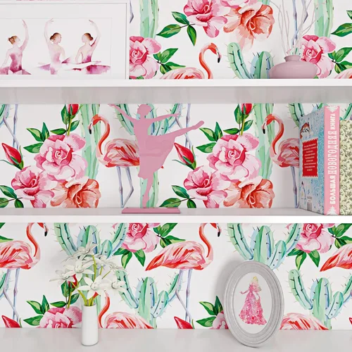 Vista 5 de ReWallpaper Papel tapiz de flamenco rosa con cactus tropical, para despegar y pegar, extraíble, de 17.5 x 10 pies, papel de contacto floral