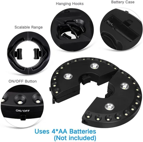 Vista 6 de OYOCO Luz para sombrilla de patio, 3 modos de brillo, inalámbrica, 28 luces LED a 200 lúmenes, 4 pilas AA, luz de poste para sombrilla de patio
