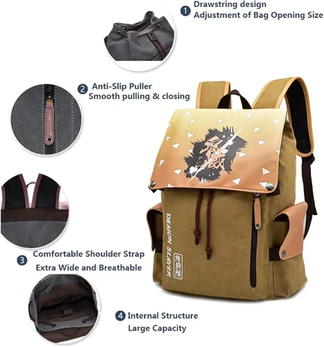 Vista 4 de Lukvuzo Mochilas japonesas de anime de lona, bolsa de hombro con impresión 3D, mochila escolar para portátiles y fanáticos del anime, Mochilas