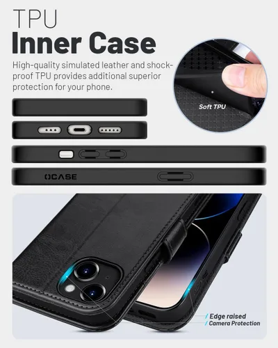 Vista 5 de OCASE Funda tipo cartera compatible con iPhone 15 Plus, de piel sintética, con tarjetero, bloqueo RFID, soporte para teléfono