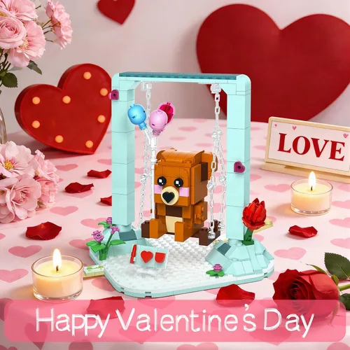Vista 2 de Nubee Juguetes de construcción de oso marrón de San Valentín compatibles con Lego, lindos juegos de construcción de osos oscilantes con corazón